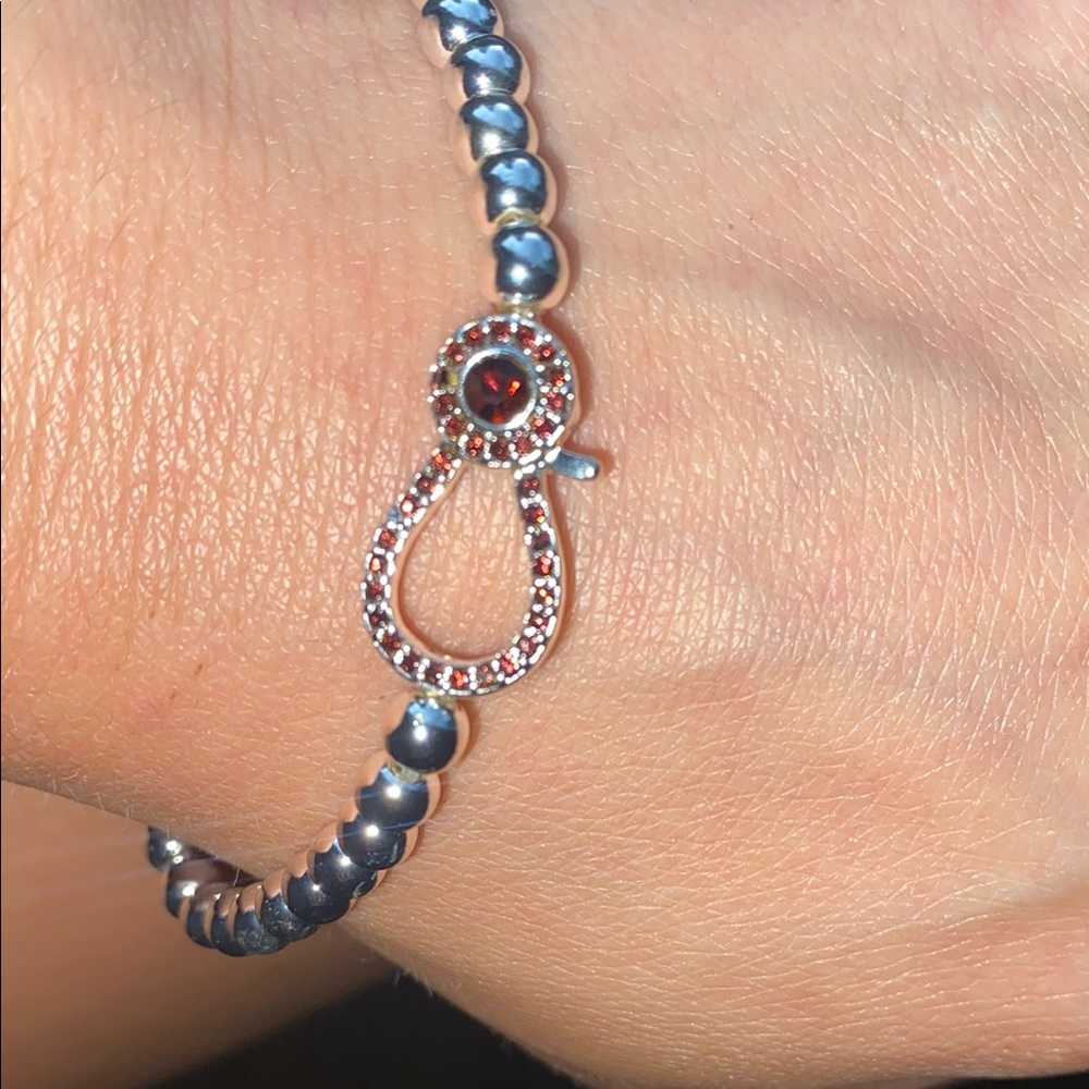 Elegant Silver and Red Beaded Bracelet